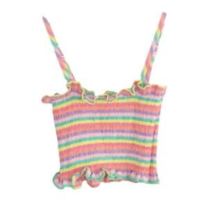 Cider Y2k Striped Pastel Rainbow Cropped Smocked Cami Medium